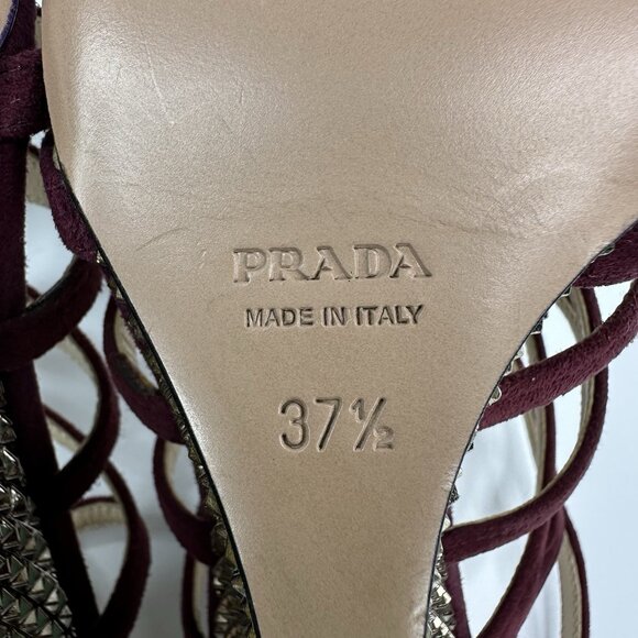 Prada Women's Burgundy Open Toe Strappy Wedge Metallic Sandal EU‎ 37.5 / US 7 - Picture 12 of 17